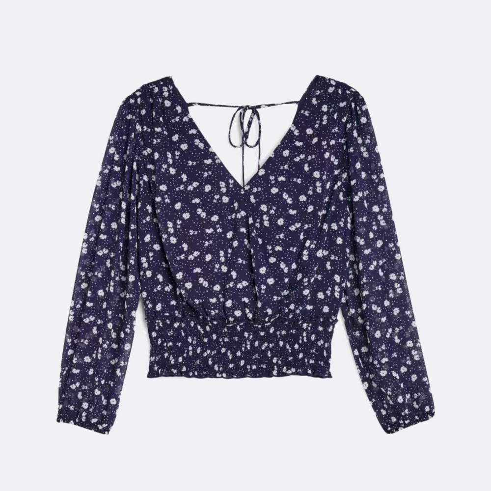 Lush Navy and White pattern sheer sleeve shirt